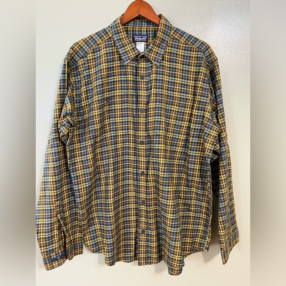 Patagonia Men’s Yellow Plaid Organic Cotton Long Sleeves Button Up Shirt L